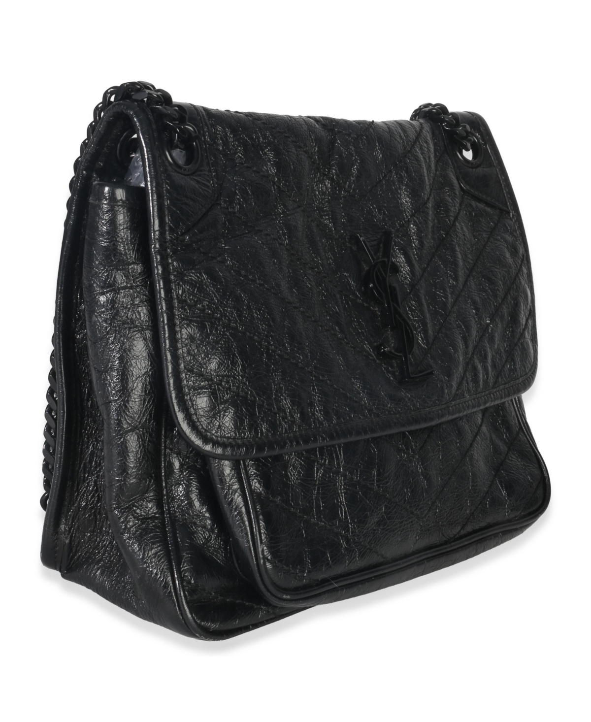 Pre-Owned Saint Laurent Black Crinkled Calfskin Matelasse Medium Niki Chain Satchel