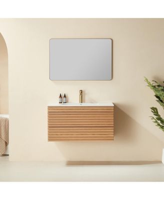 Wall Mounted Floating Bathroom Vanity with Ceramic Sink, Fully Assembled Plywood Cabinet, 2 Drawers for Small Spaces