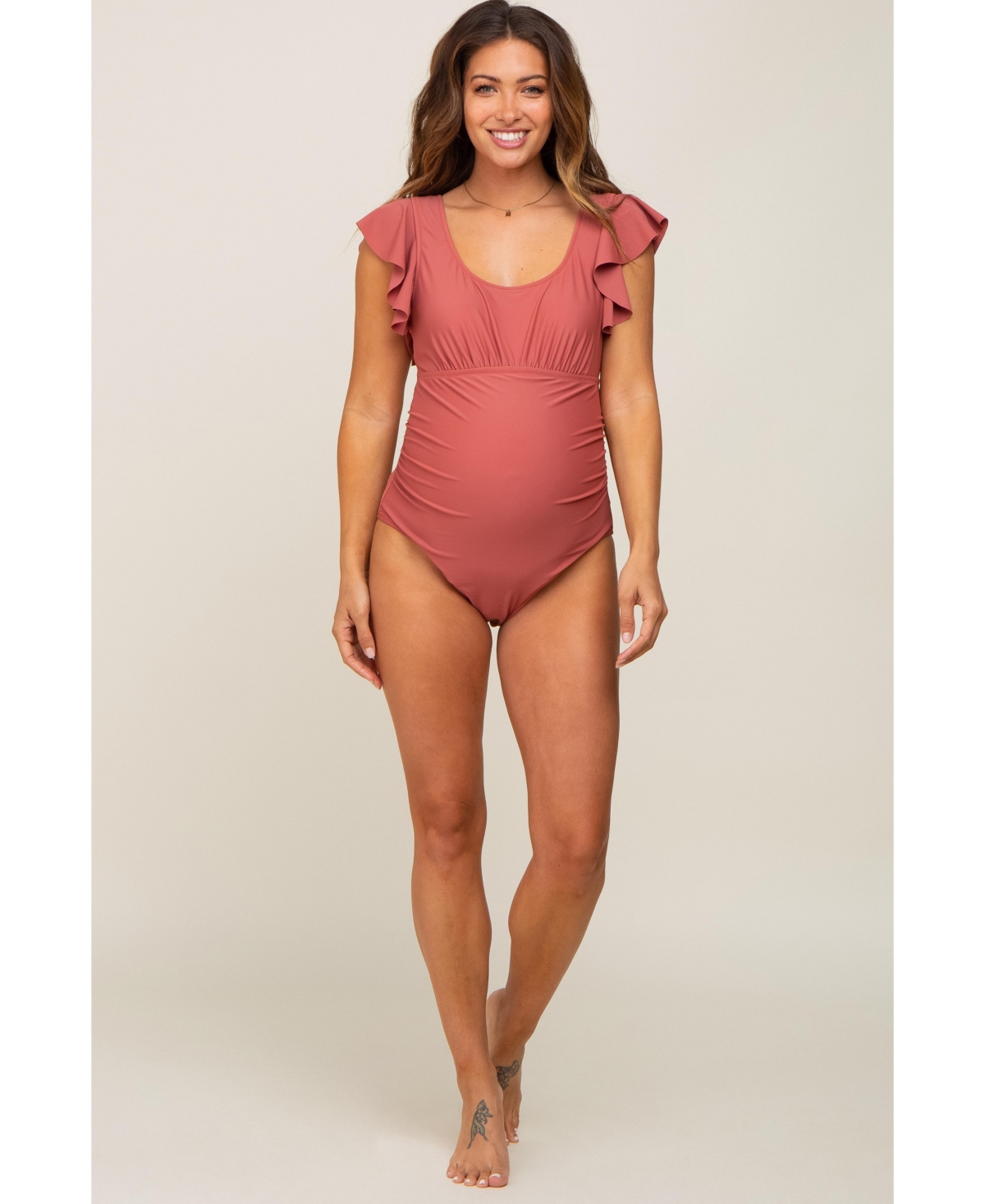 Pinkblush Maternity Rust Ruffle Shoulder Pleated Side One Piece Swimsuit