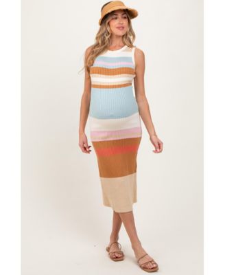 Maternity Light Olive Colorblock Striped Knit Sleeveless Midi Dress