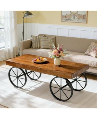 Solid Wood Coffee Table for Living Room, 47.2" Industrial Center Table with Live Edge Tabletop and Metal Wheel Legs