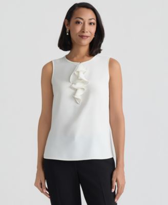 Women's Ruffle Front Sleeveless Jewel Neck Blouse