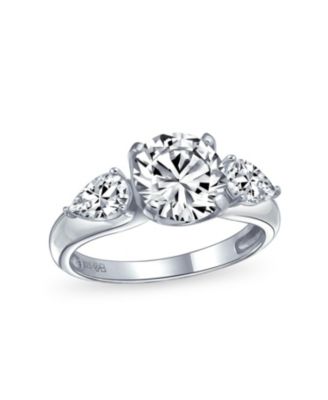 Timeless 3CT CZ Trillion Side Stones Cubic Zirconia Solitaire Round Promise Ring .925 Sterling Silver