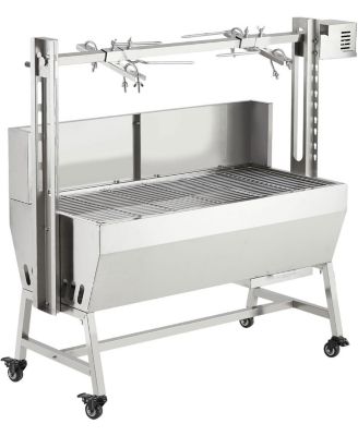 37" Stainless Steel Rotisserie Grill, Windscreen, 132 lb Capacity, Motor and Hand Crank BBQ Roaster
