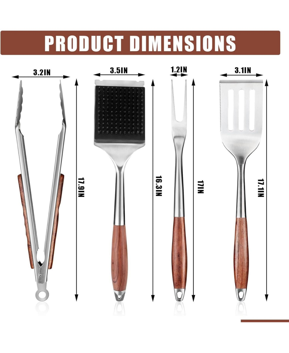 Xo 4-Piece Bbq Tools Set, Stainless Steel Spatula Fork Brush Tongs, Rosewood Handles