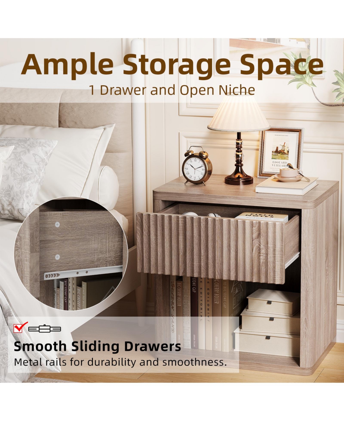 homfan Set of 2 Minimalist Nightstands with Drawer and Storage Shelf, Fluted Panel Modern End Table for Living Room and Bedroom