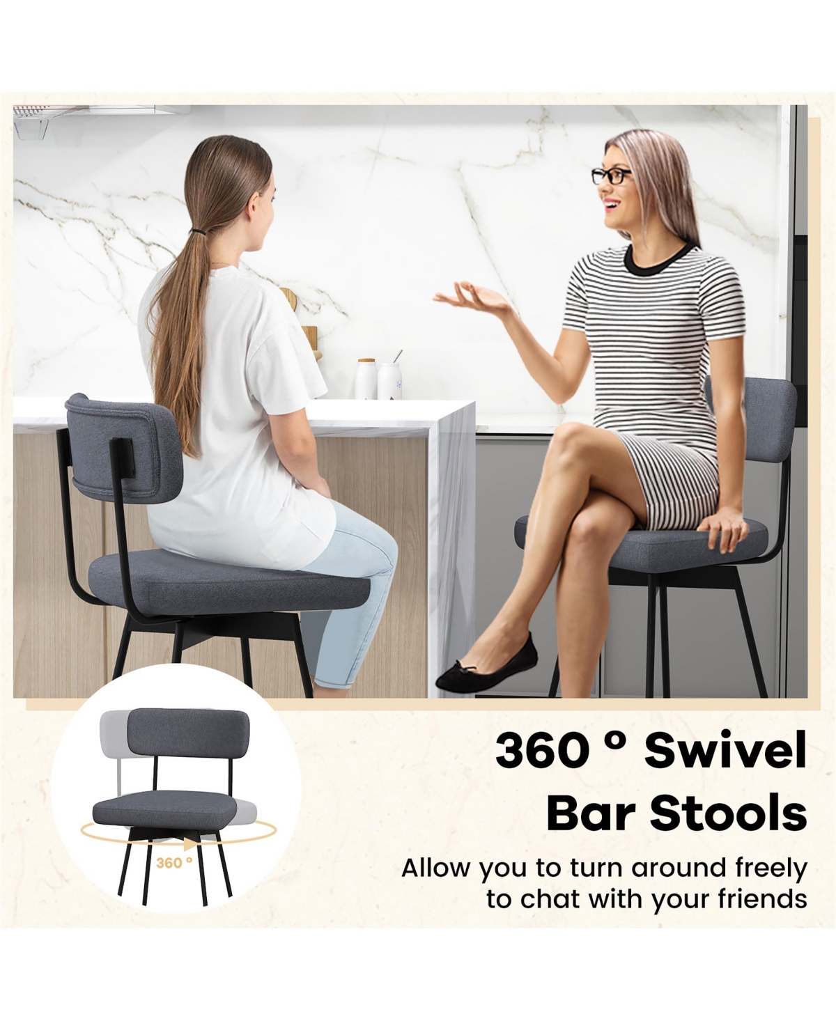 Gymax Set of 2 Bar Stools Modern Upholstered 360 Degree Swivel Bar Chairs 29 Inch Bar Height Barstools