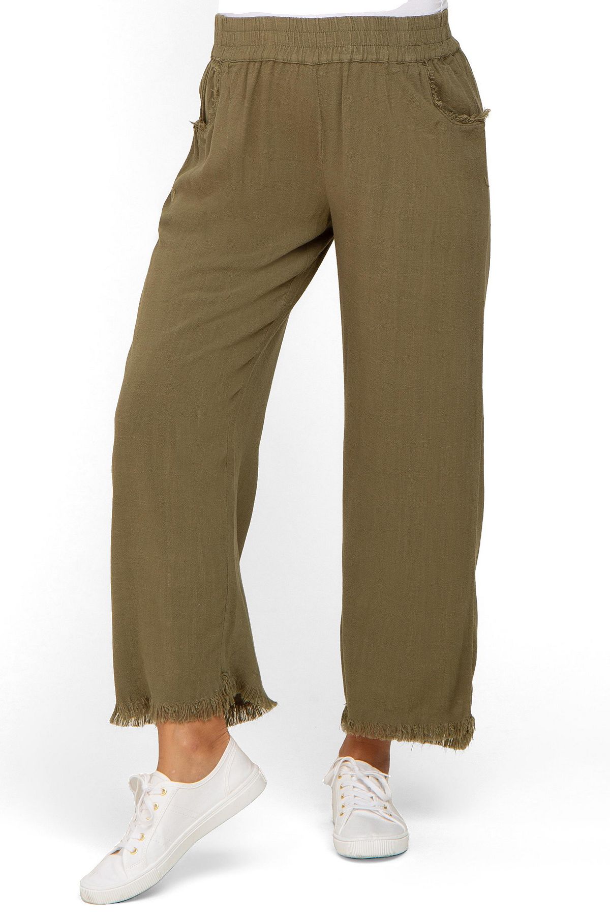 Pinkblush Women's Olive Linen Frayed Hem Crop Pants view 3 — MAYCSS fashion products