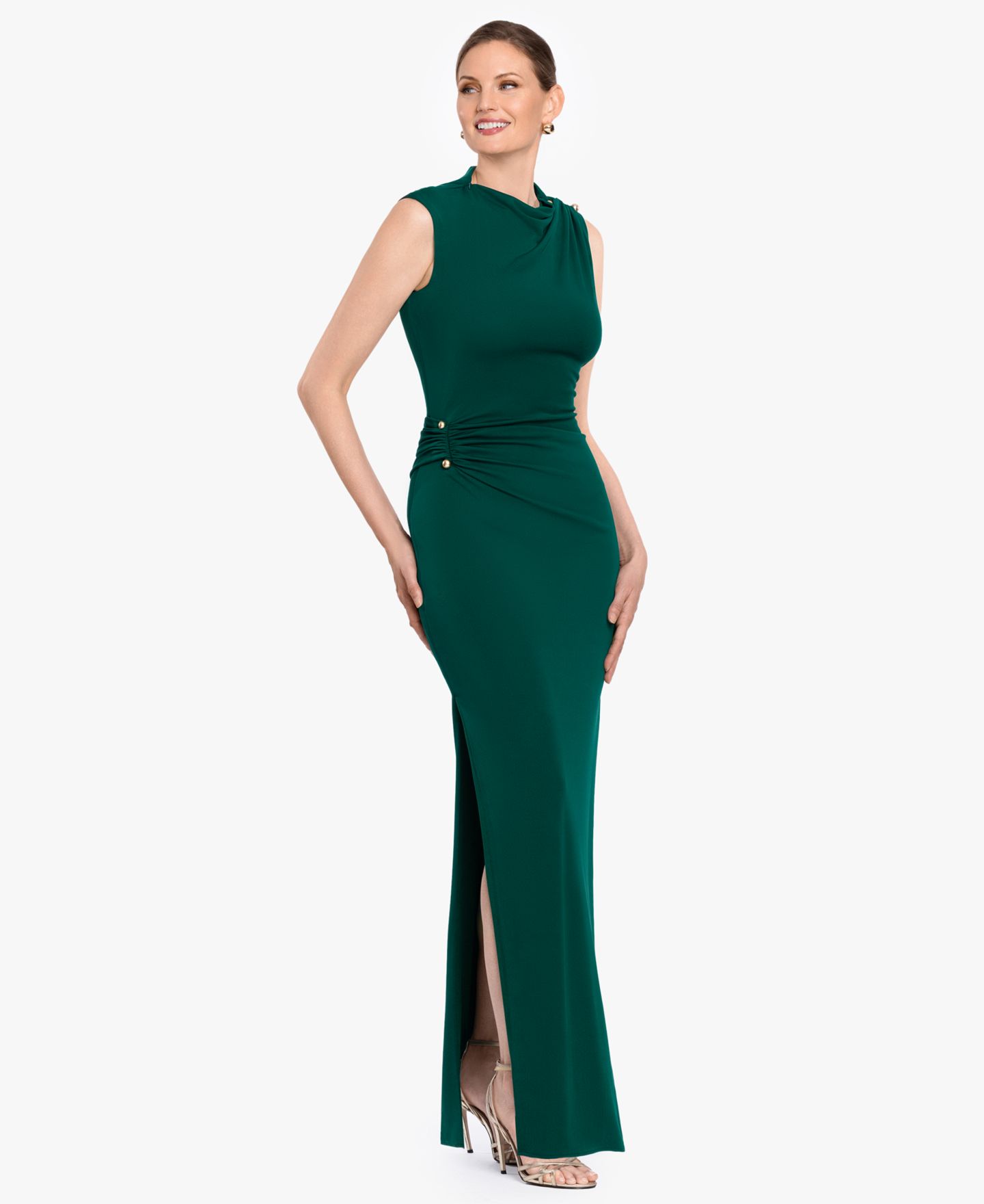 Женские платья Betsy & Adam Mock Neck Draped Column Gown, цвет: Зелёный — фото 2