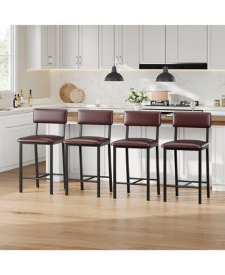 Set of 4 Bar Stools with Backrest - Upholstered PU Leather, Thick Metal Legs, Footrest - Counter Height Chairs for Kitchen Island or Bar