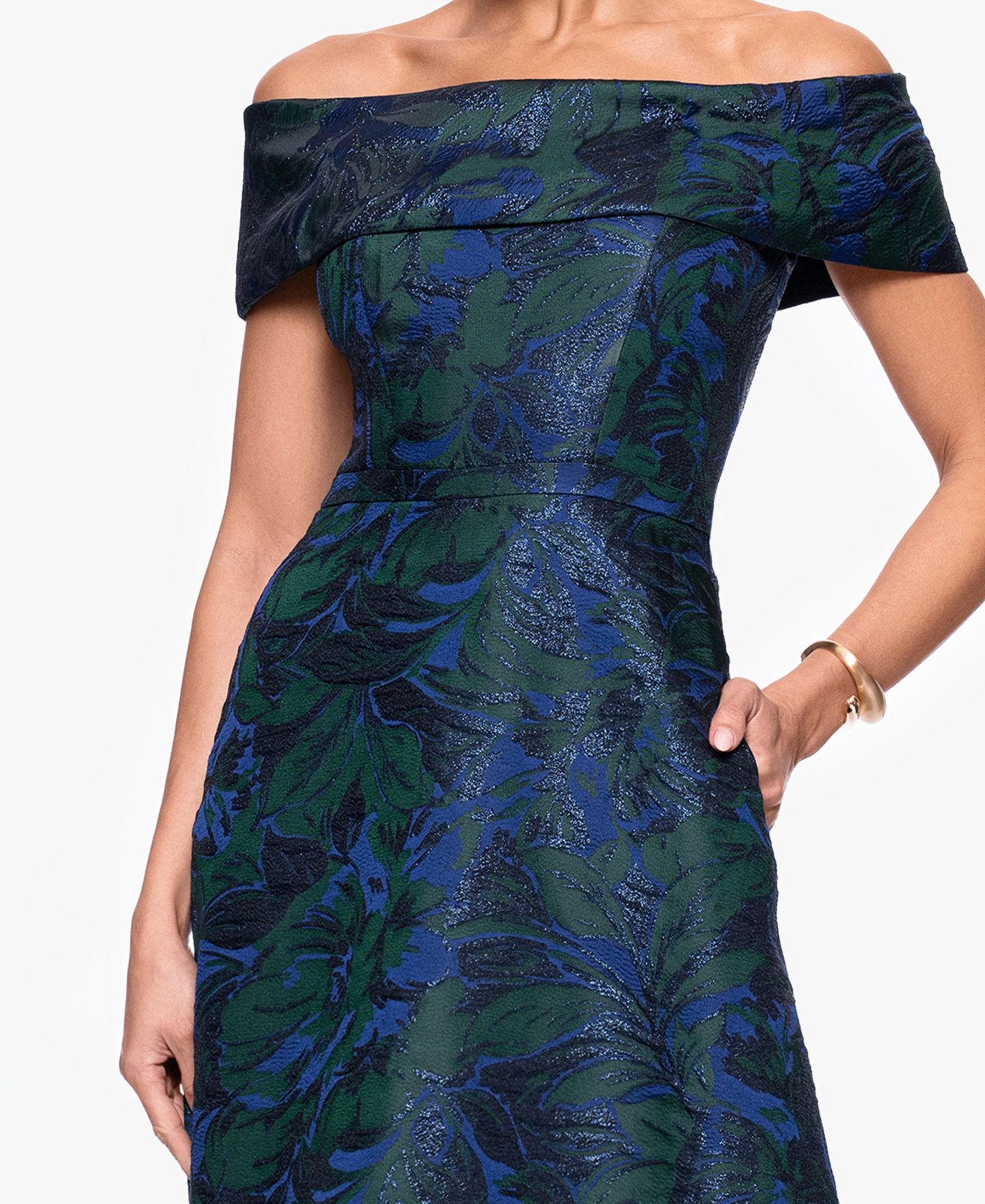 Женское платье XSCAPE Petite Off-The-Shoulder Jacquard Ball Gown, цвет: Тёмно-синий зелёный — фото 3