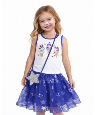 Girls' 2T-6X Glitter Ice Cream Graphic Tank Top, Star Tulle Skirt and Purse, 3-Piece Set