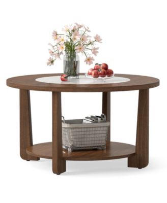 Round Coffee Table w/ 2-Tone Tabletop and Open Storage Shelf Wood Support Legs