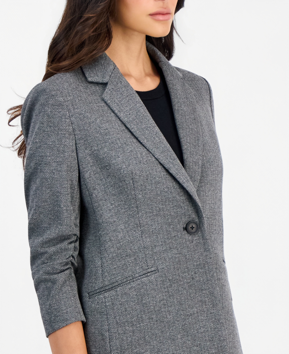 Anne Klein Essentials Petite Ponte One-Button Scrunch-Sleeve Jacket