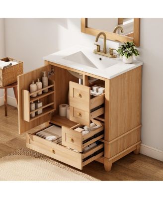 Bathroom Vanity with Ceramic Sink, Wood Grain Solid Wood and MDF Cabinet, Soft Close Drawers for Compact Bathroom