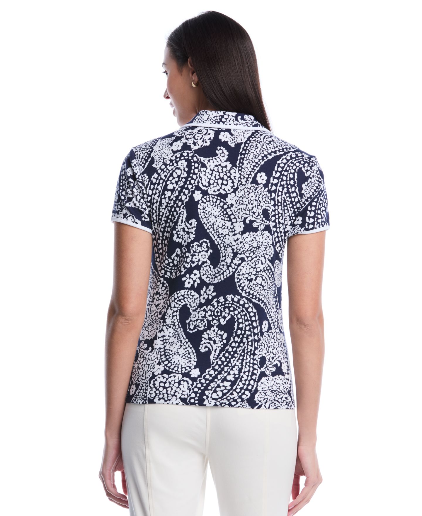 Женское поло Rafaella Petite Paisley Print Contrast Trim Johnny Collar Short-Sleeve Polo, цвет: Peacoat — фото 5