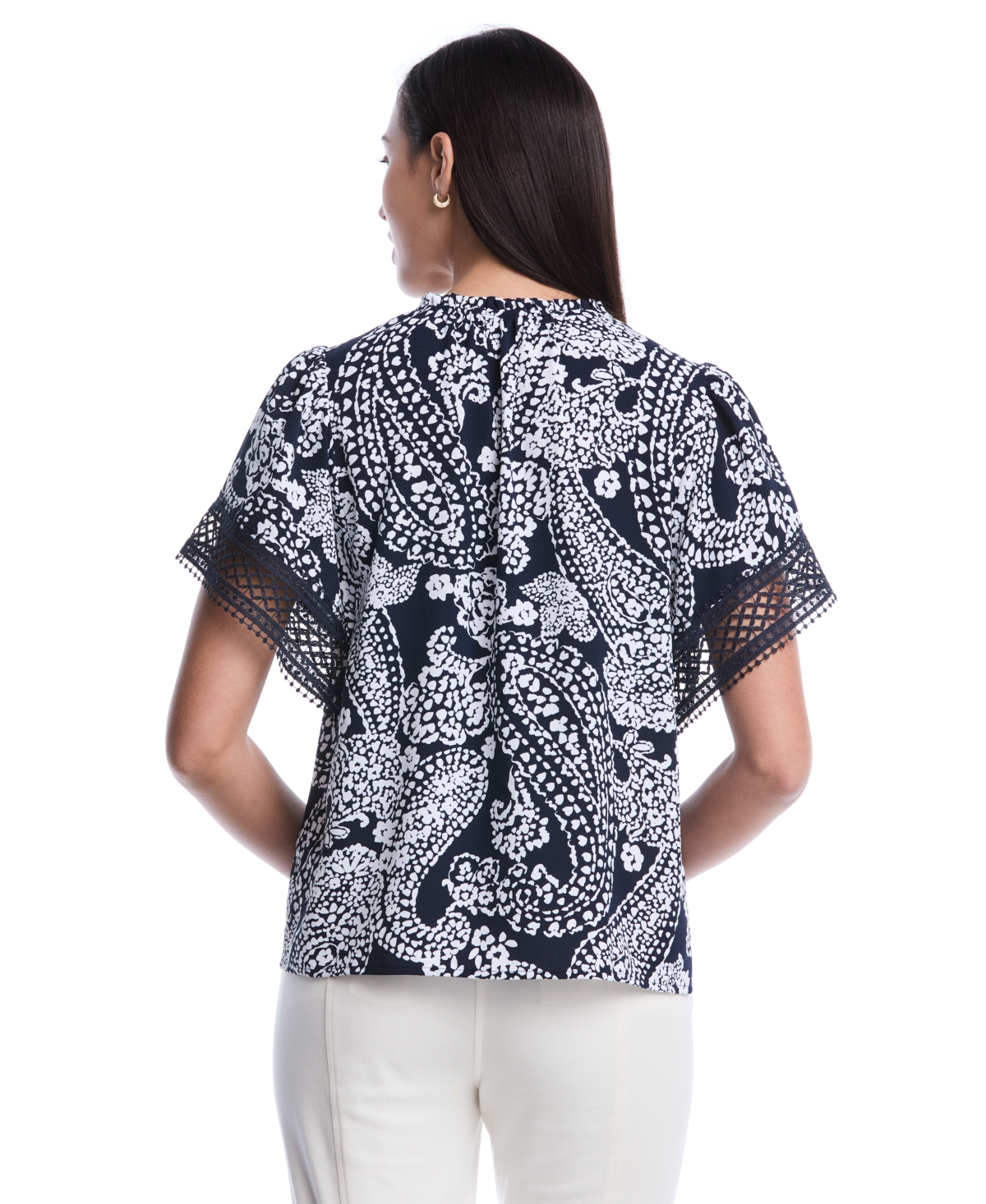 Rafaella Women's Petite Paisley Print Flutter Lace Short Sleeve Blouse
