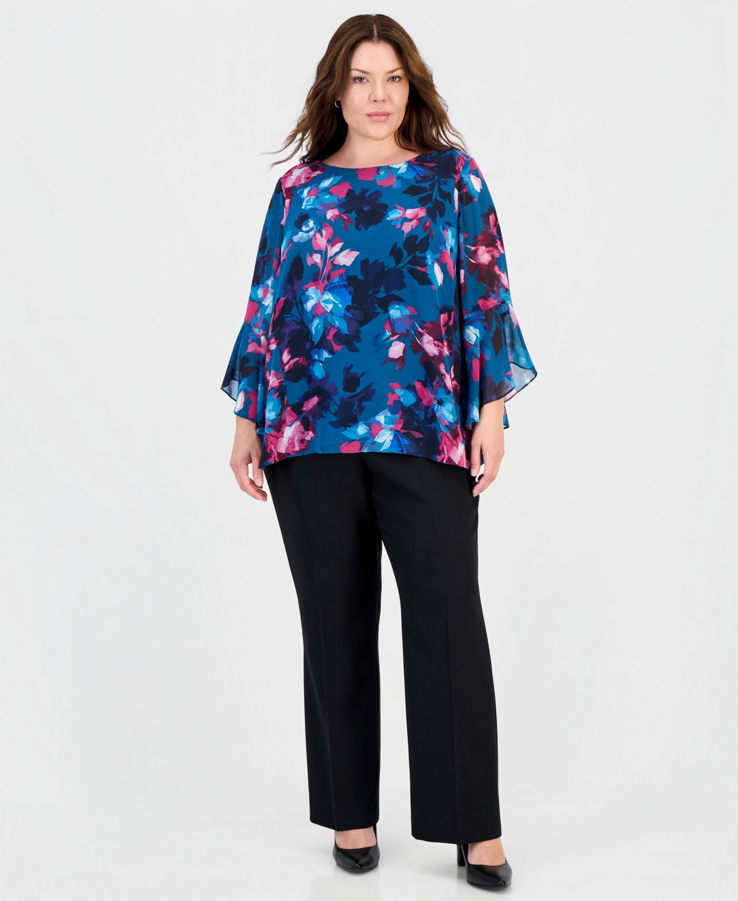 Женская блузка Kasper Plus Size Floral-Print Ruffle-Sleeve Blouse, цвет: Бирюзовый разноцветный — фото 2