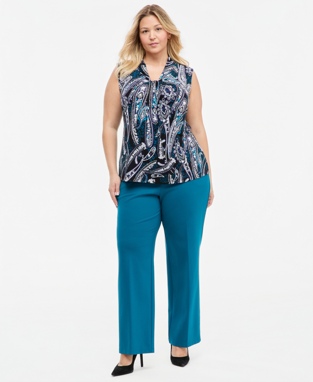 Kasper Plus Knot Front Sleeveless V-Neck Paisley Blouse