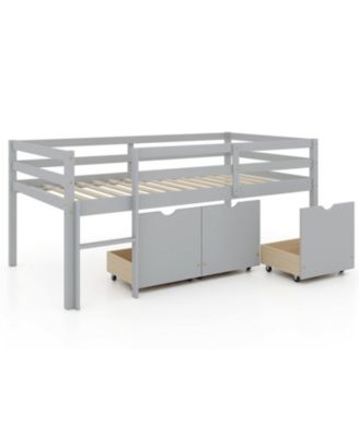  Low Loft Bed with 3 Storage Drawers, Integrated Ladder and Guardrails