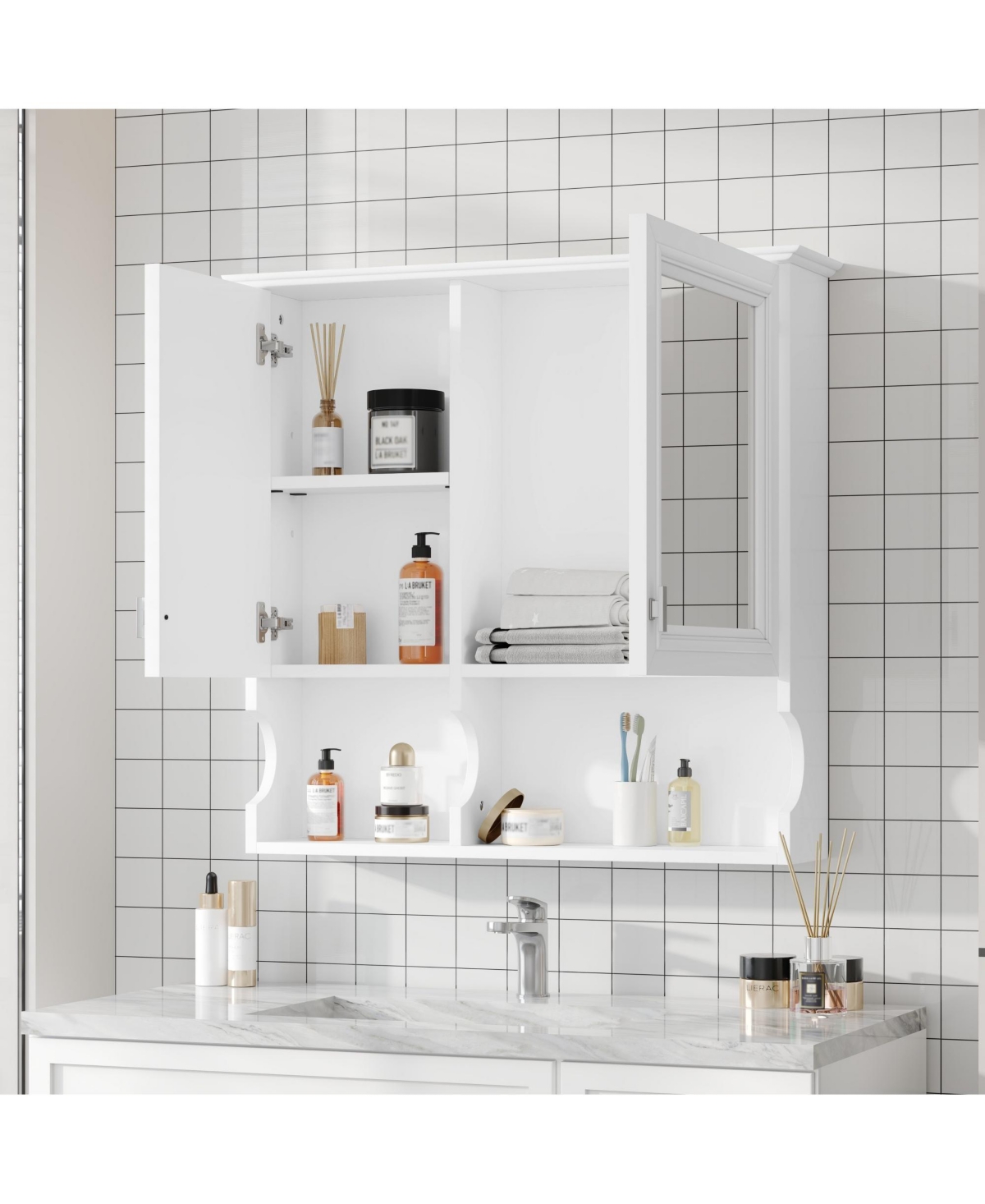Airsurfer 30 Inch Mirror Medicine Cabinet with Open Shelves Wall Mounted Home Storage Cabinet with Doors and Adjustable Shelf Bathroom Storage