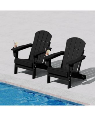 2 PCS All Weather Resistent Outdoor Patio Chair, Folding Adirondack Chair with Cup Holder, Black
