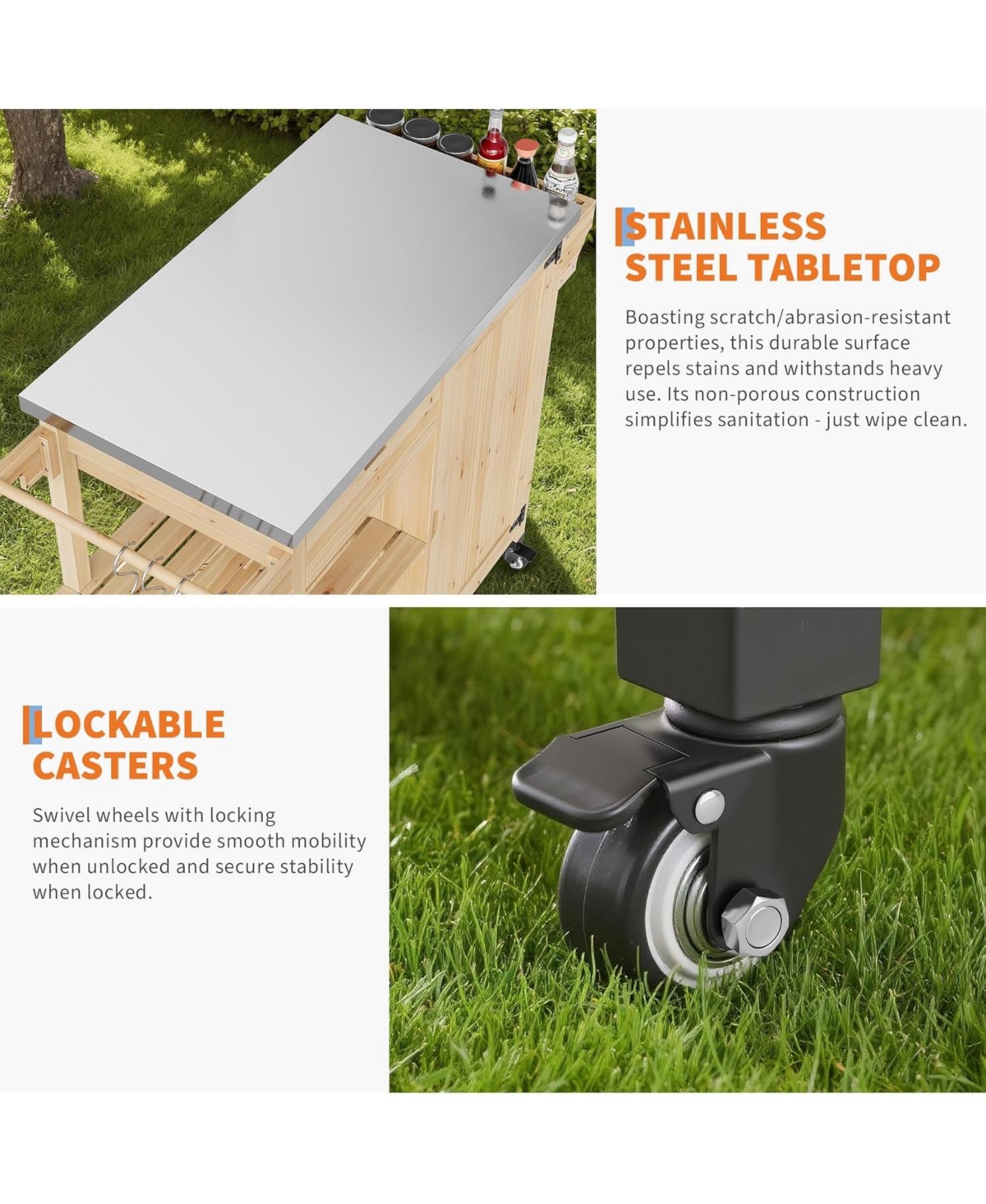 Xo Outdoor Grill Cart with Wheels, Solid Wood Bbq Station, Stainless Steel Top, Storage Rack for Patio