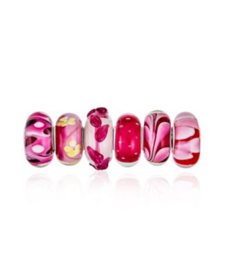 Mixed Set Red Pink Floral Murano Glass Flower Charm Bead Sterling Silver Core For Bracelet