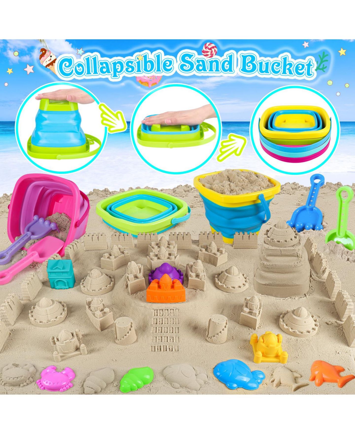 Детские игрушки GNUADZ Collapsible Sand Castle Beach Toy Set, 33-Piece, Ages 3-8, цвет: Разноцветный — фото 2