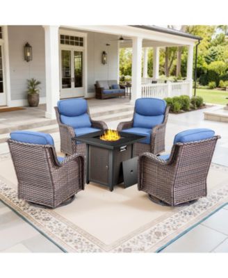 Outdoor Swivel Chair Thick Cushion with Fire Pit Table Patio Furniture Set