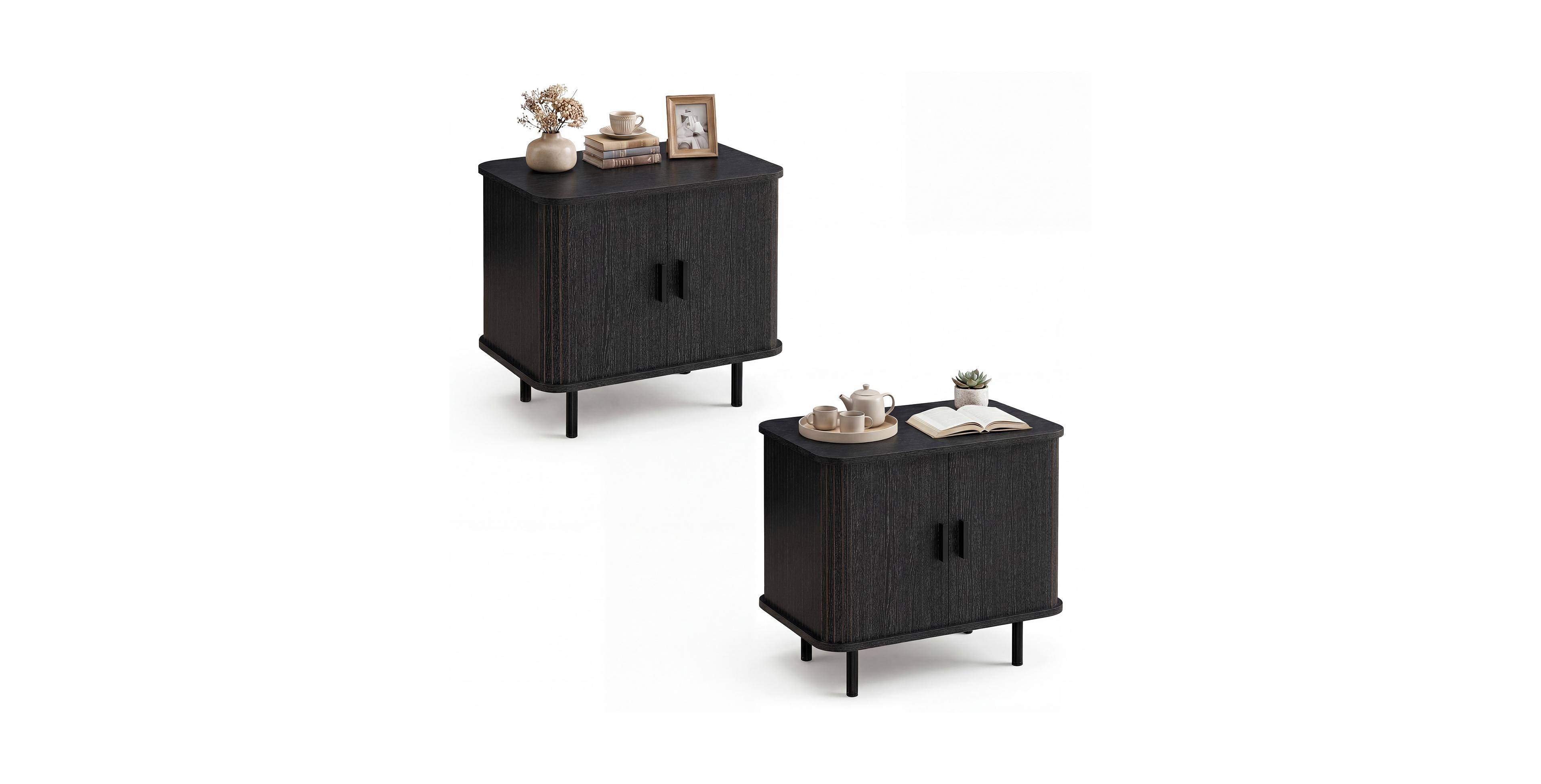 Gymax 2-Pieces End Table Mid Century Nightstand with Sliding Tambour Doors and Storage Shelf