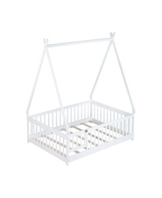 Full Size Rubber Wood Tent-shaped Floor Bed,with Guardrails,Slats and Door