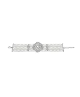 Antique Art Deco Style Statement 5 Row Wide Comfort Stretch Simulated Pearl Floral Silver Plated Brass