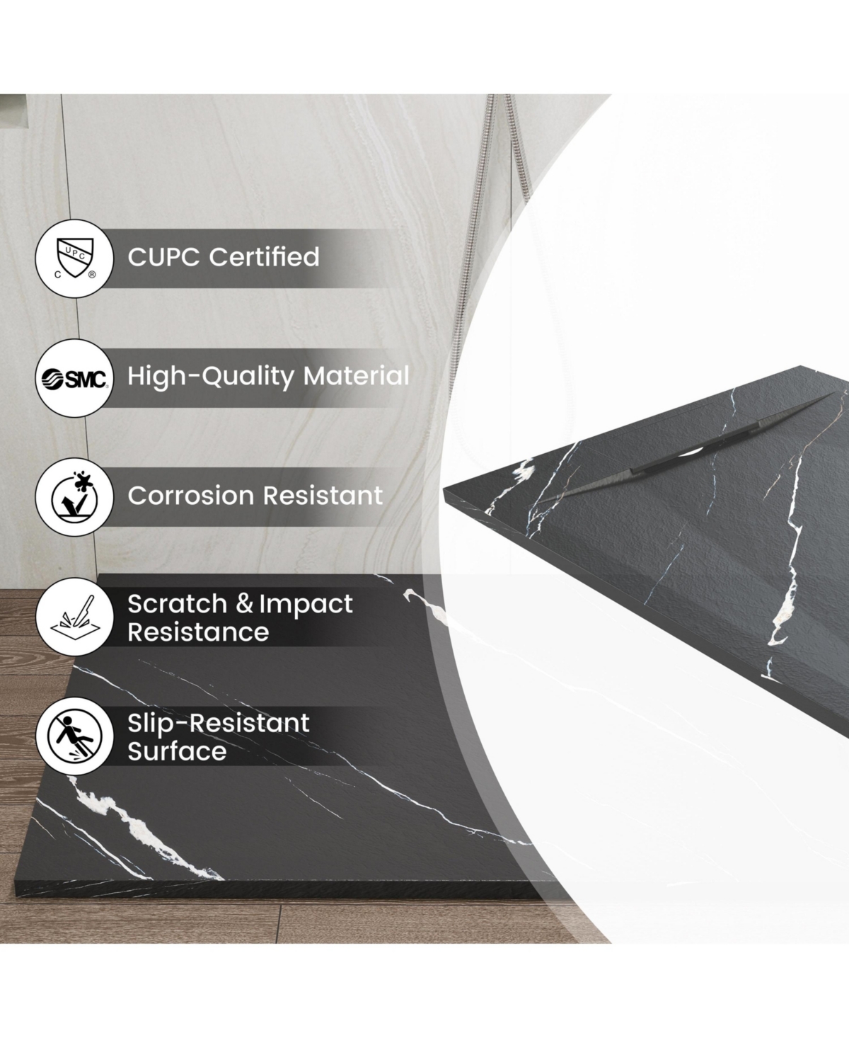 Casainc Low-Profile Smc Shower Base with Reversible Drain, Drain Cover, Non-Slip