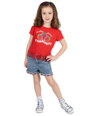 Rare Editions Girls' 2T-6X Raglan Short-Sleeve T-Shirt and Denim Shorts, 2-Piece Set
