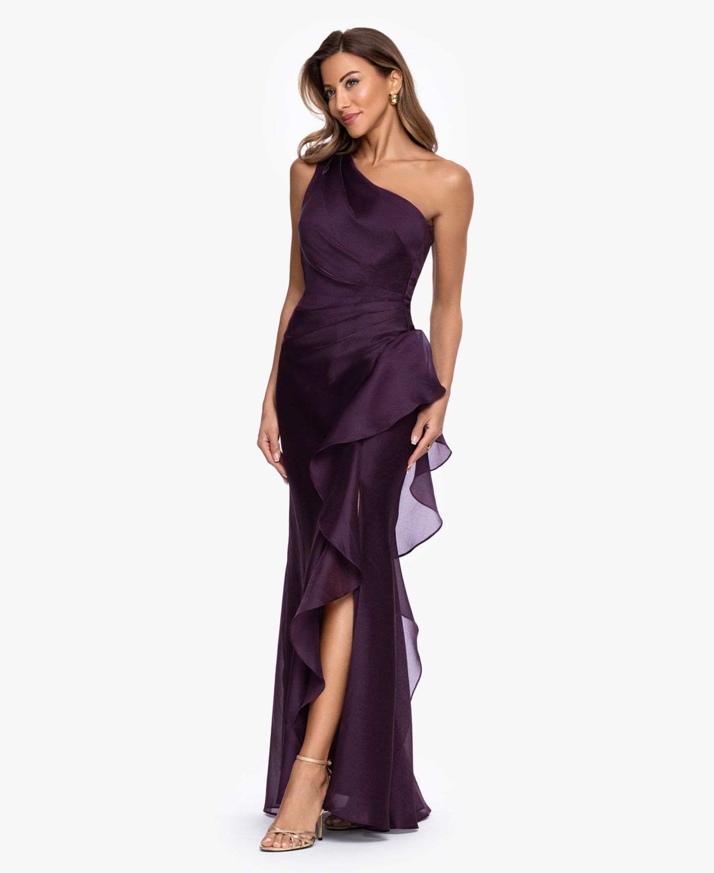 Женское платье XSCAPE One-Shoulder Ruffle Detail Ball Gown, цвет: Сливовый — фото 5