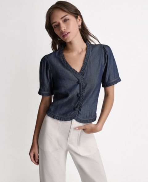 Женский топ BCBG Short-Sleeve Ruffle Detail Button-Front, цвет: Тёмный джинсовый