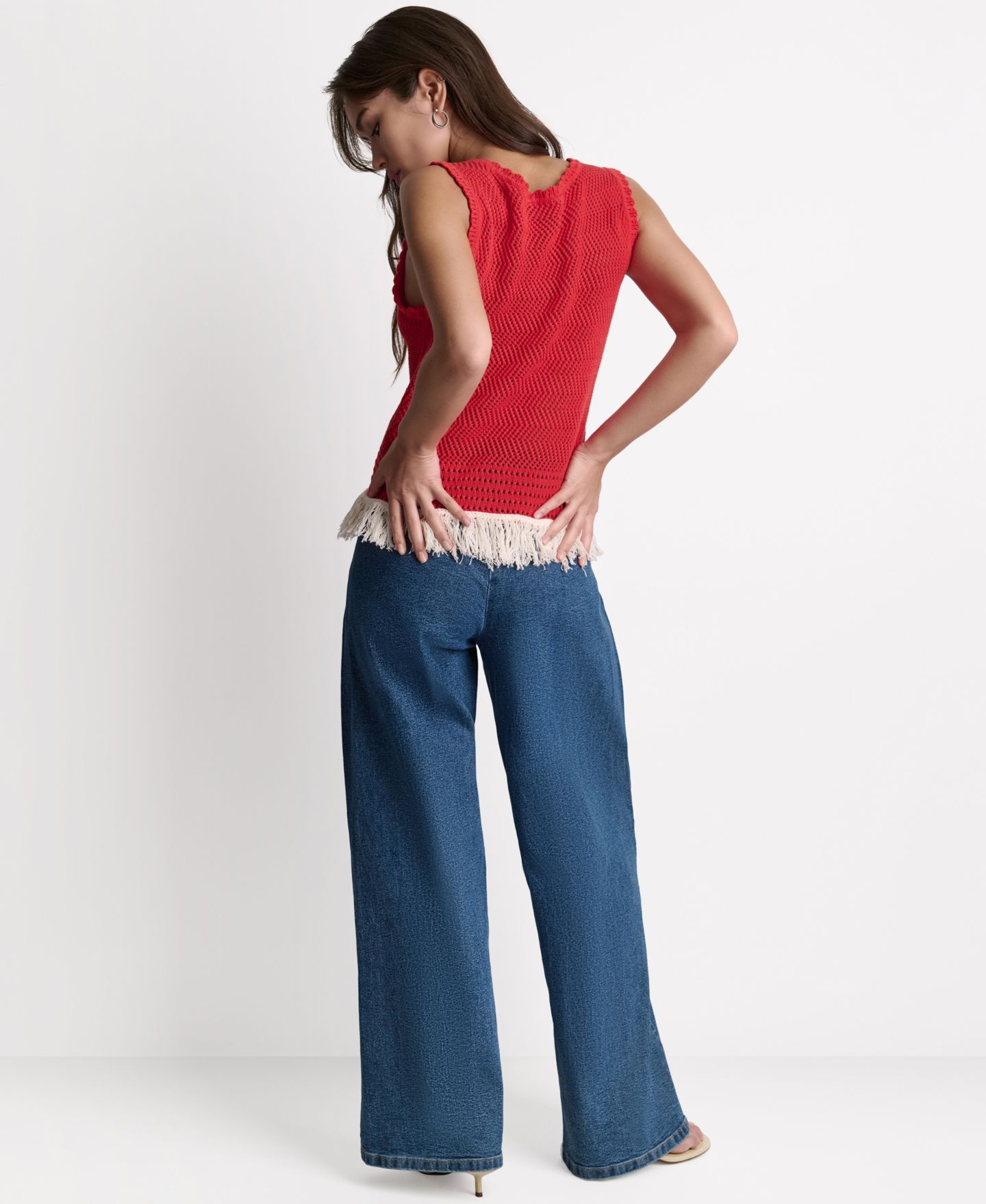 Женский топ BCBG Fringe Pointelle Scoop Neck, цвет: Firelily/Buttercream — фото 11