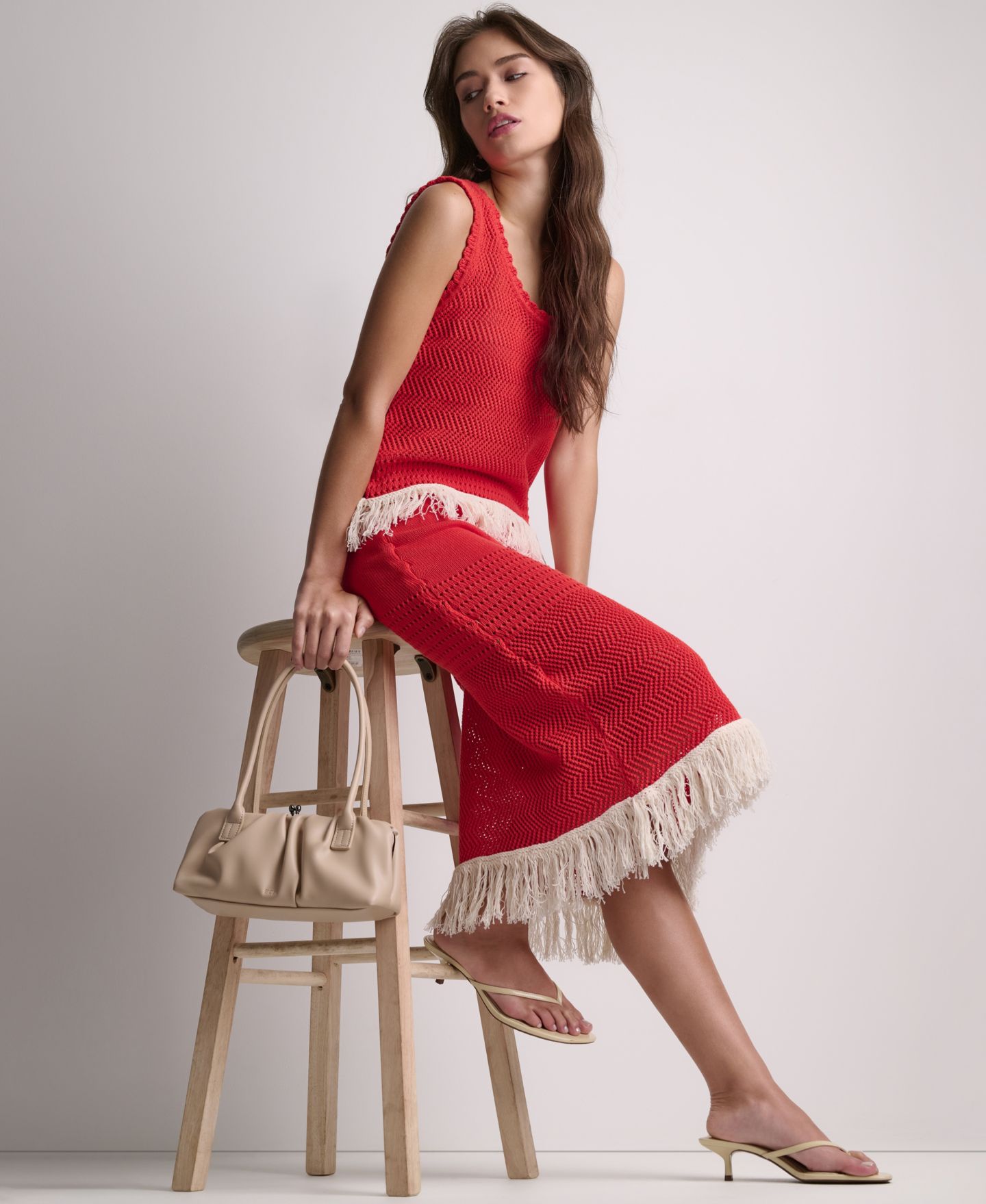 Женский топ BCBG Fringe Pointelle Scoop Neck, цвет: Firelily/Buttercream — фото 6