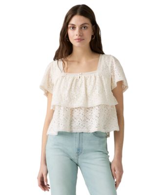 Women's Cotton-Blend Short-Sleeve Lace Top