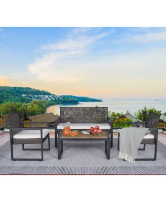4-Piece Outdoor Patio Furniture Set with Acacia Wood Table - Modern PE Rattan Conversation Set