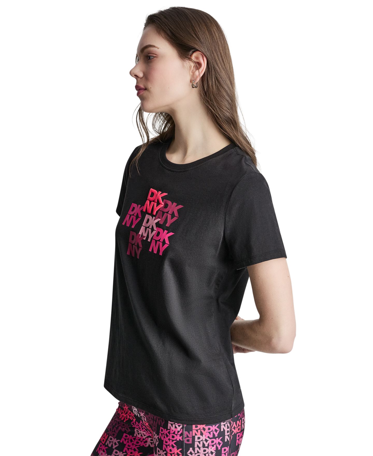 Женская футболка DKNY Sport Mixed Media Logo Crewneck, цвет: Чёрный — фото 3