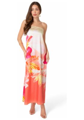 Women's Printed Satin Strapless Maxi Dress