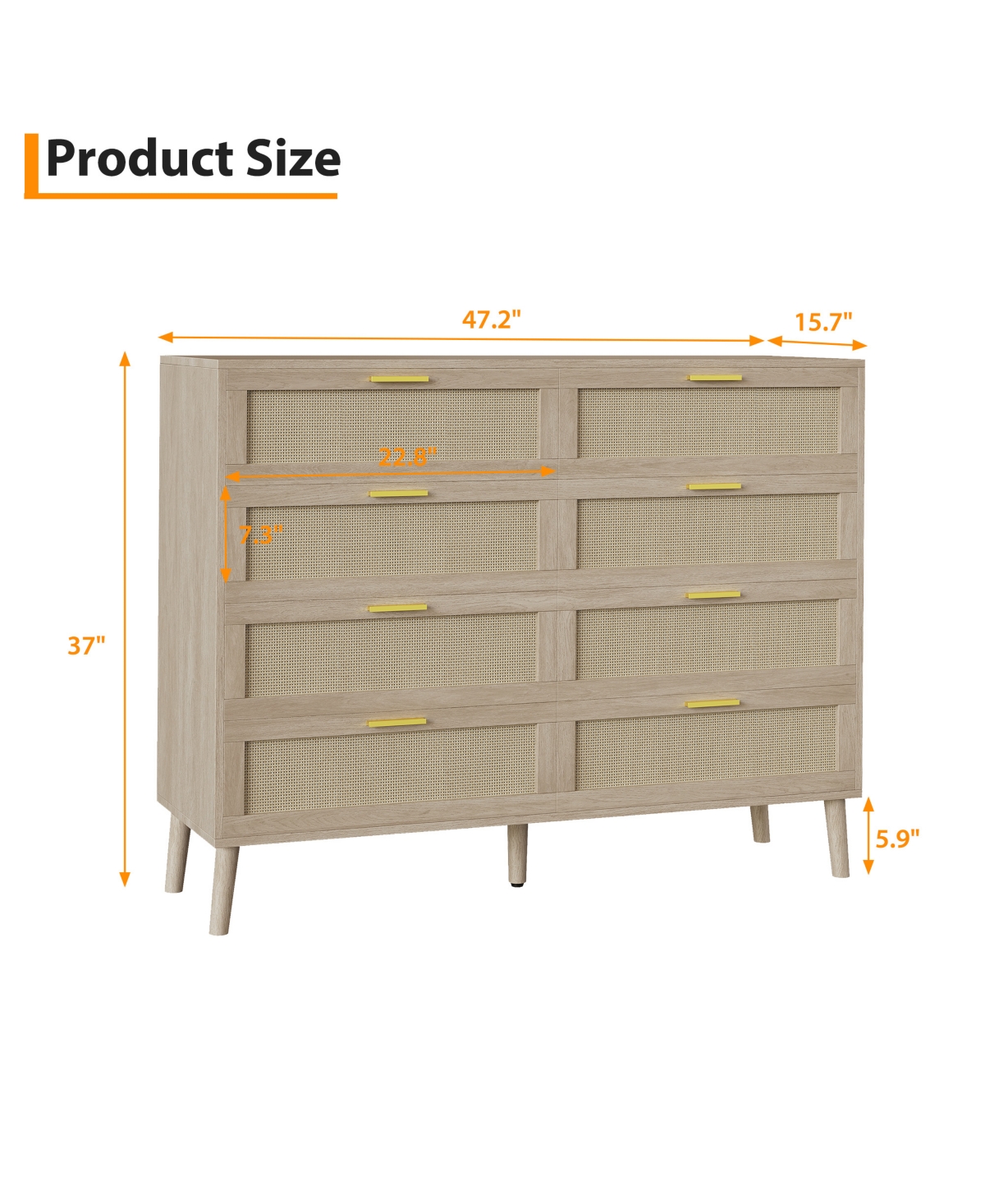 homfan 47 Inch Farmhouse Rattan 8-Drawer Dresser, Wide Wooden Storage Chest with Sturdy Wood Legs