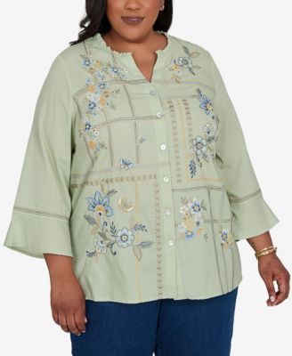 Plus Size Indigo Girls Floral Embroidered Squares Button-Front Top