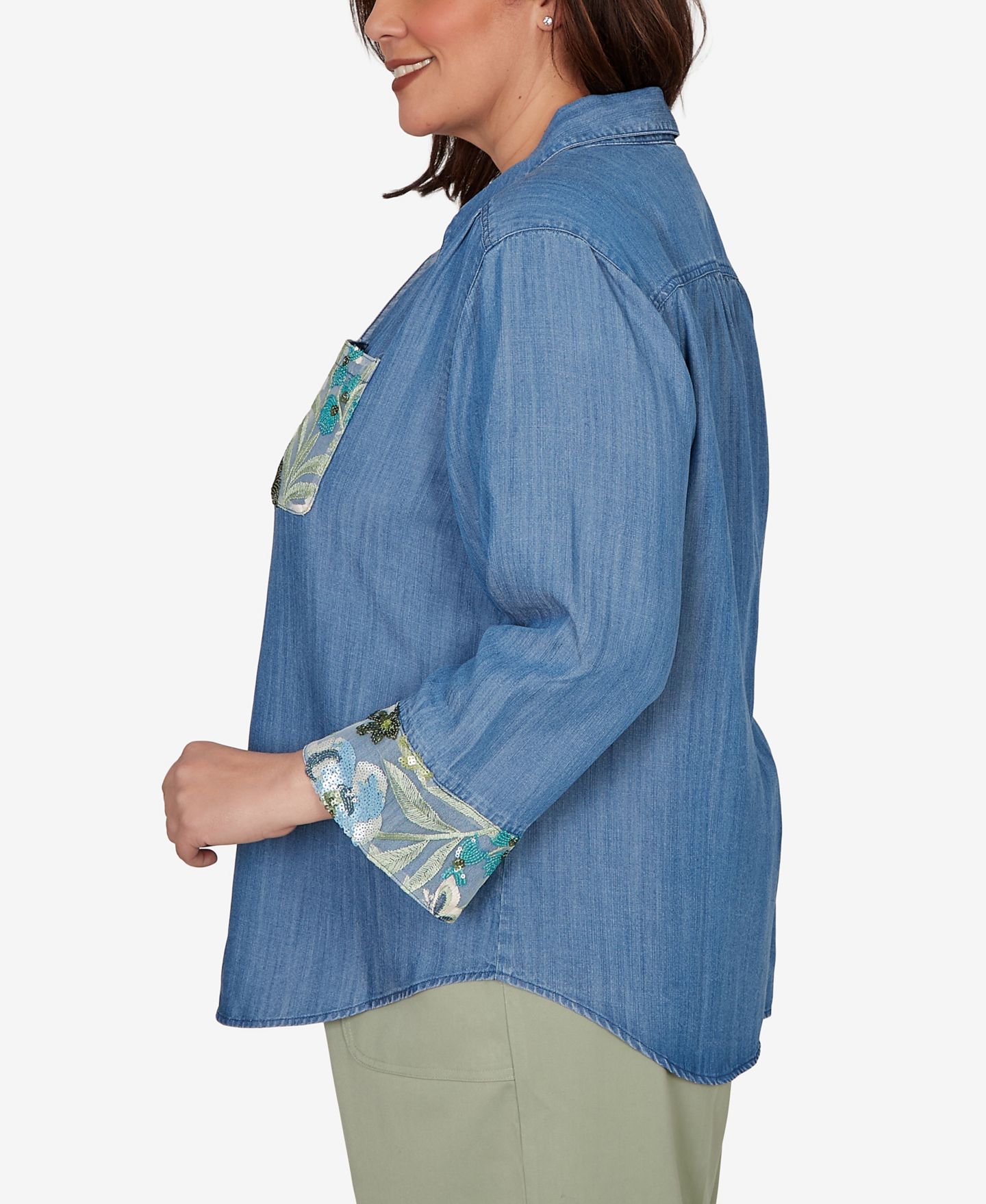 Женский топ Alfred Dunner Plus Size Sequined Denim Button-Front, цвет: Синий — фото 3