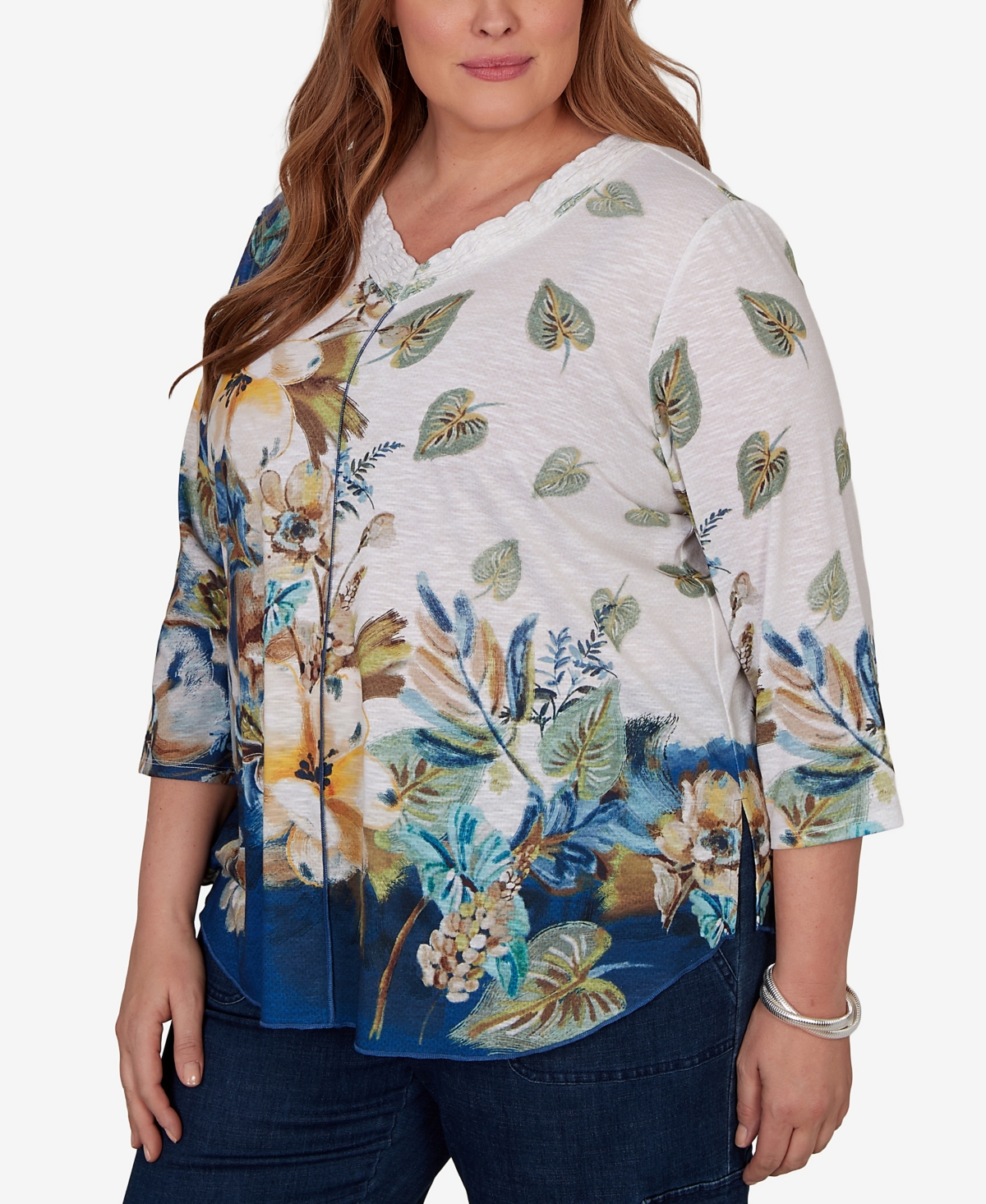 Alfred Dunner Plus Indigo Girls Placed Texture Floral Knit Top