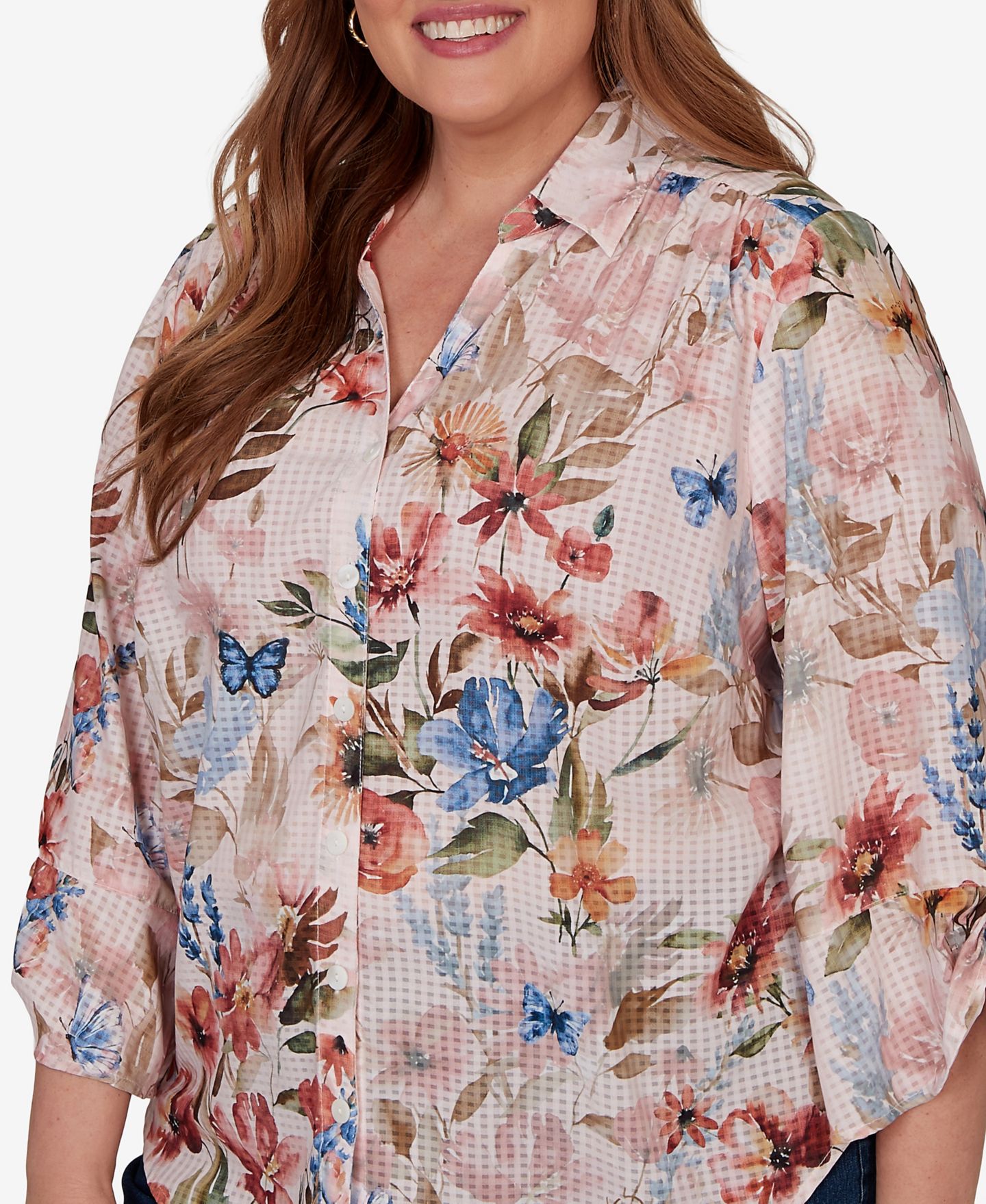 Женский топ Alfred Dunner Plus Size Camden Market Botanical Butterfly Button-Front, цвет: Rsewood — фото 4