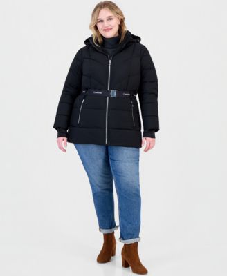 Plus Size Hooded Belted Thumbhole Puffer Coat