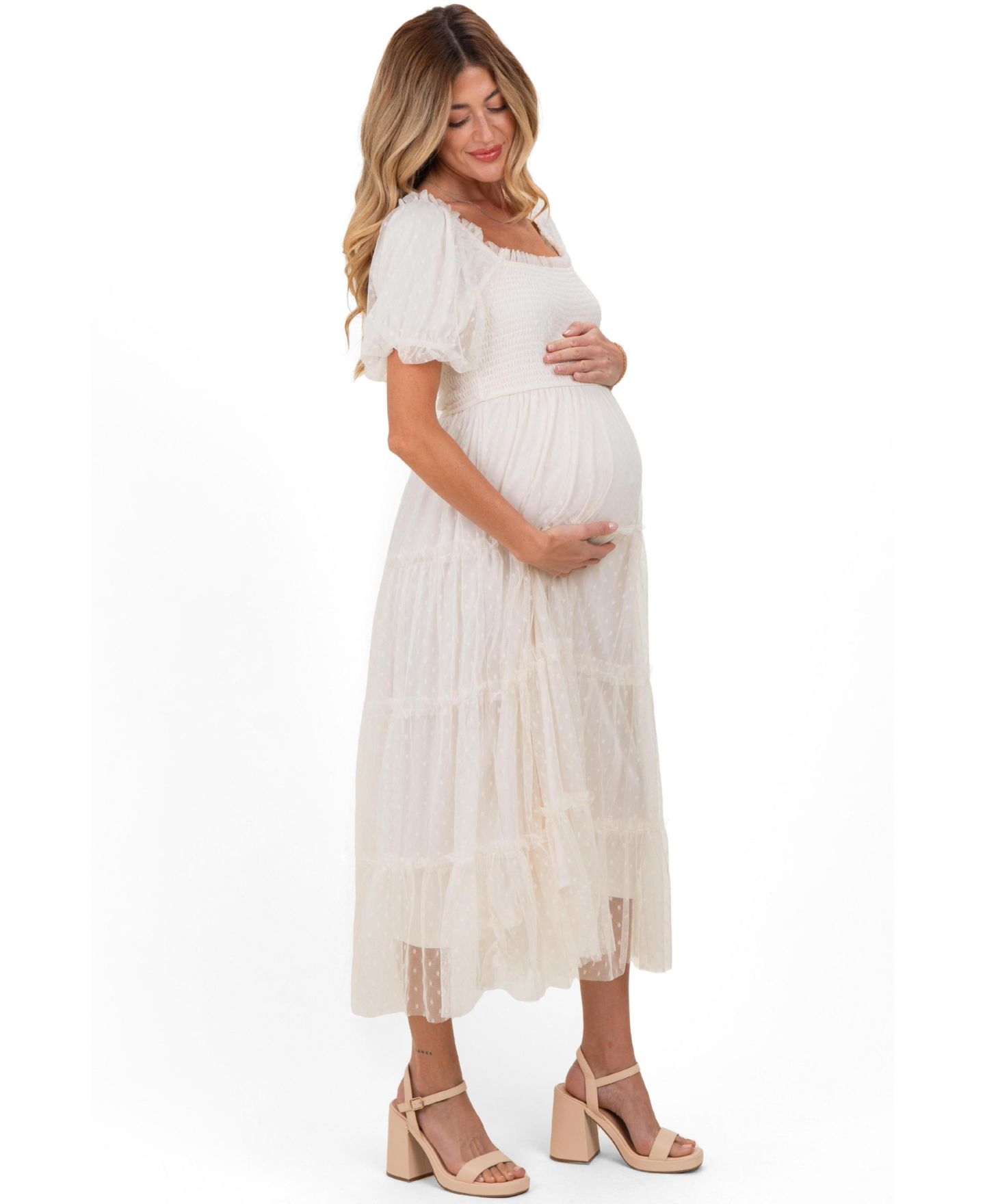 Женское платье Pinkblush CreamTulle Puff Sleeve Smocked Midi, цвет: Кремовый — фото 2
